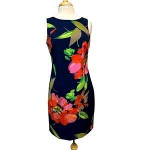 Trina Turk Shift Dress Navy Bright Pinks Floral Print Back V-Neck Twist Sash, 6